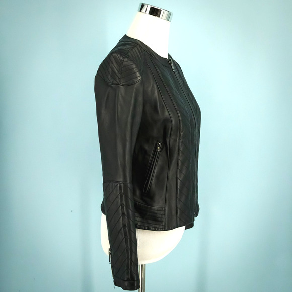 Tory Burch Size 4 Daphne Black Leather Quilted Zip Zipper Sleeve Jacket Coat - Picture 2 of 9